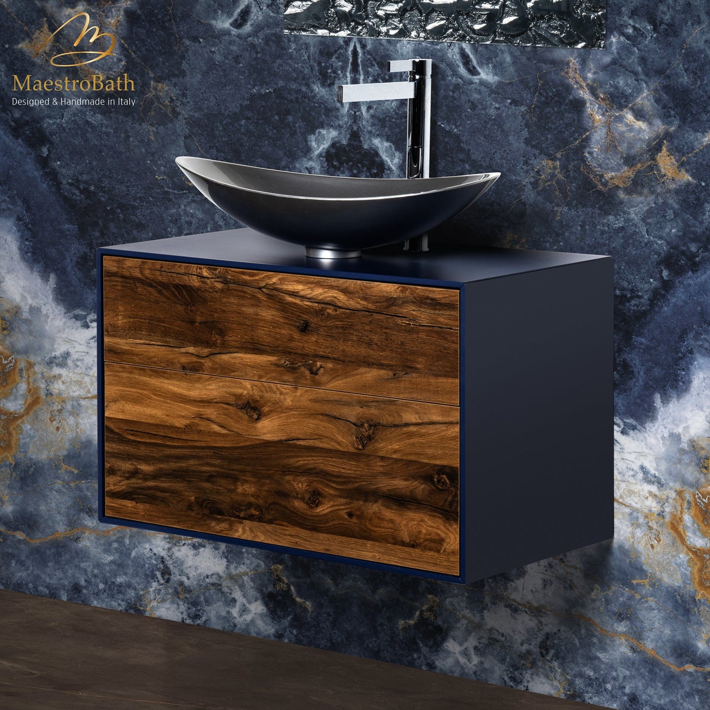 Minimalist 80 Bathroom Vanity | Midnight Blue and Mocca